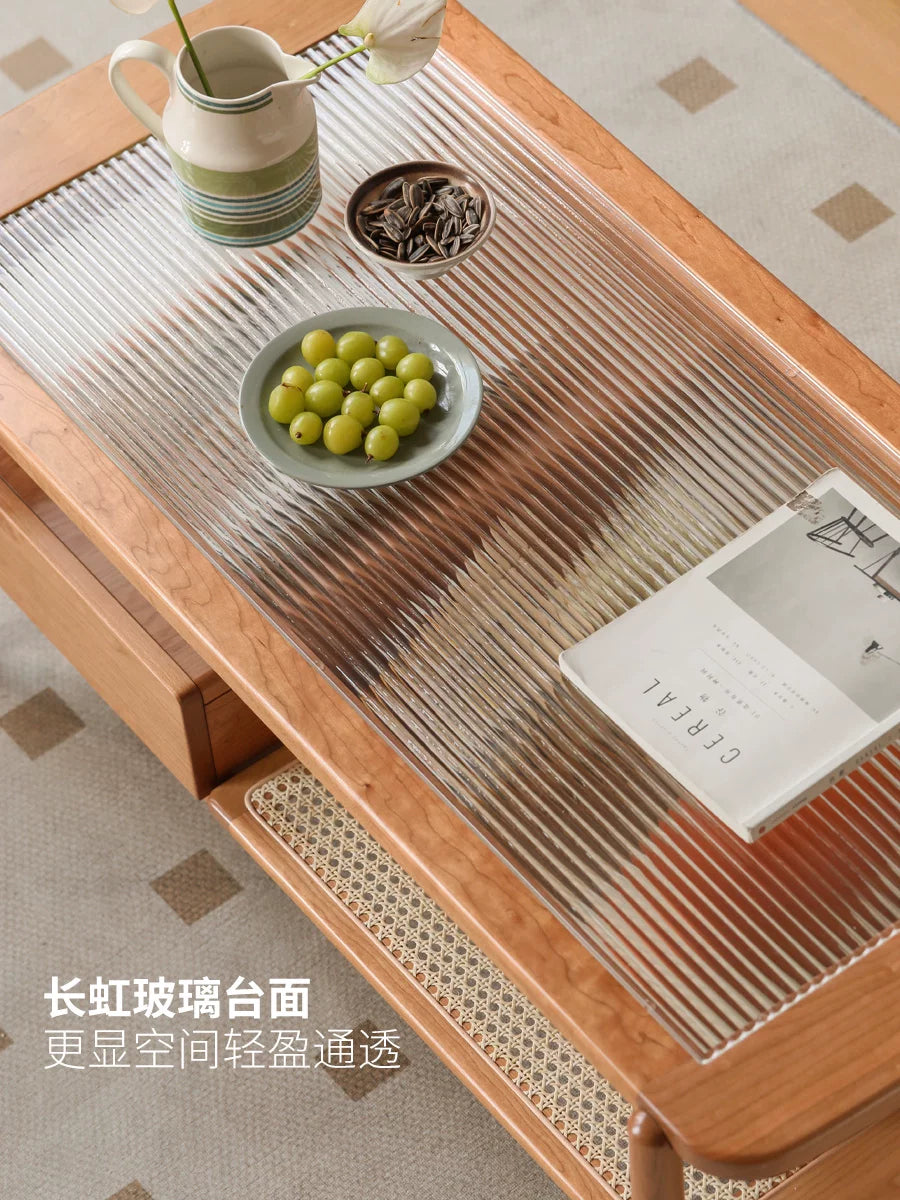 实木茶几复古樱桃木客厅玻璃茶台现代简约小户型原木茶桌
